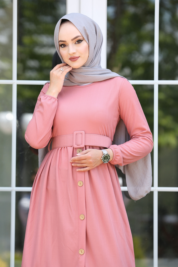SB - Kemerli Elbise 180SB-9023 Pudra (1)