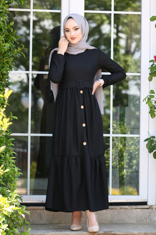 Kemerli Elbise 180SB-9023 Siyah - Thumbnail