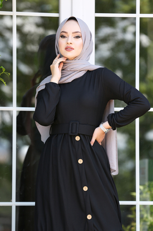 Kemerli Elbise 180SB-9023 Siyah - Thumbnail