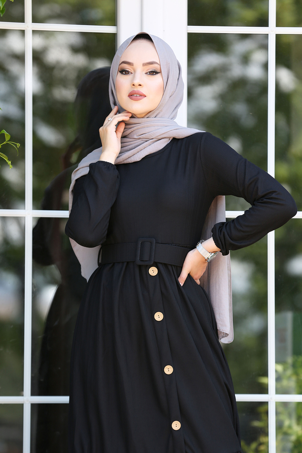 SB - Kemerli Elbise 180SB-9023 Siyah (1)