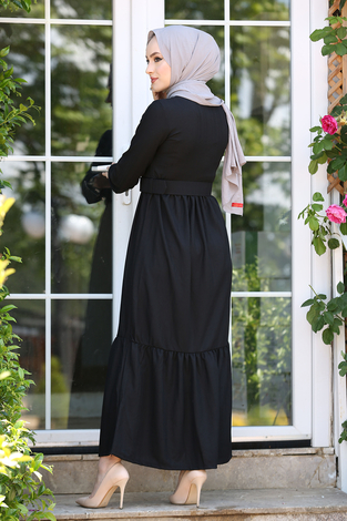 Kemerli Elbise 180SB-9023 Siyah - Thumbnail