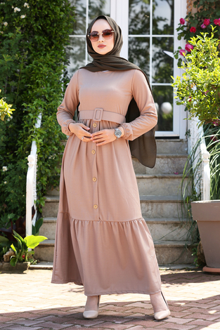 Kemerli Elbise 180SB-9023 Vizon - Thumbnail