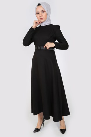 Kemerli Elbise 6330-01 siyah - Thumbnail