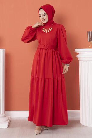 Kemerli Elbise Kırmızı - Thumbnail