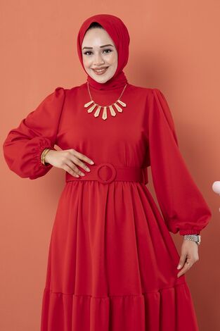 Kemerli Elbise Kırmızı - Thumbnail