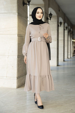 Kemerli Fırfırlı Elbise 100MD10204 Bej - Thumbnail