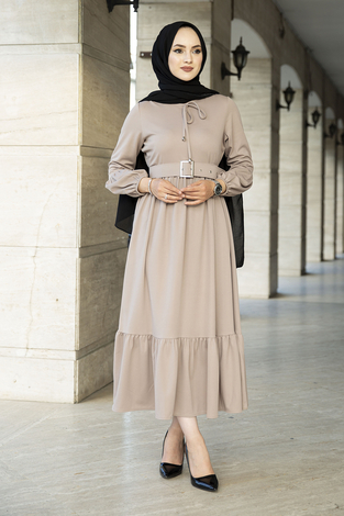 Kemerli Fırfırlı Elbise 100MD10204 Bej - Thumbnail