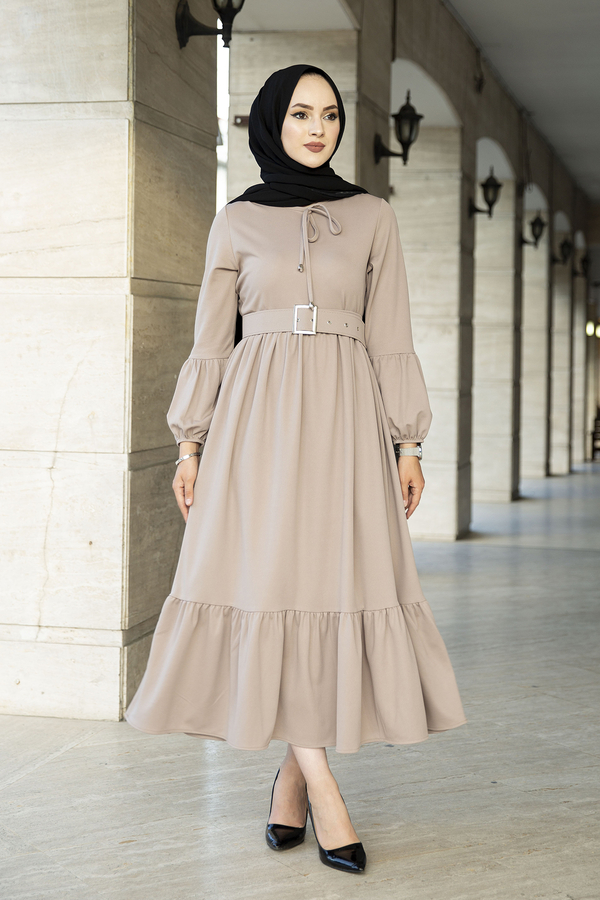 Kemerli Fırfırlı Elbise 100MD10204 Bej