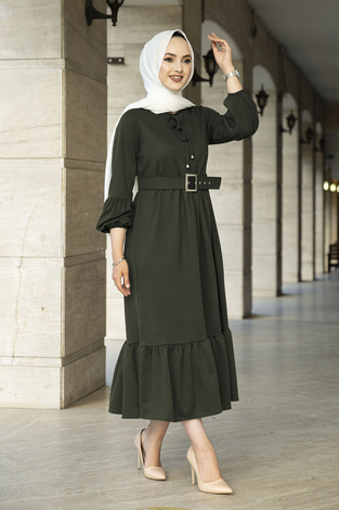 Kemerli Fırfırlı Elbise 100MD10204 Haki - Thumbnail
