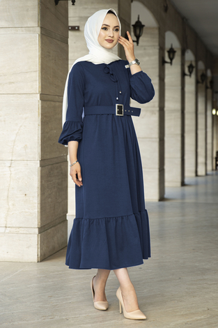 Kemerli Fırfırlı Elbise 100MD10204 İndigo - Thumbnail