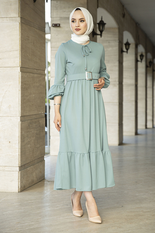Kemerli Fırfırlı Elbise 100MD10204 Mint - Thumbnail