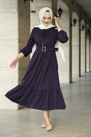 Kemerli Fırfırlı Elbise 100MD10204 Mor - Thumbnail