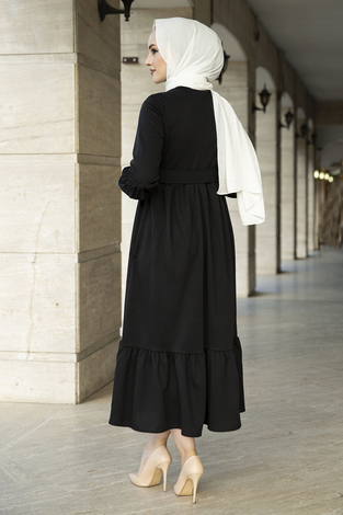 Kemerli Fırfırlı Elbise 100MD10204 Siyah - Thumbnail