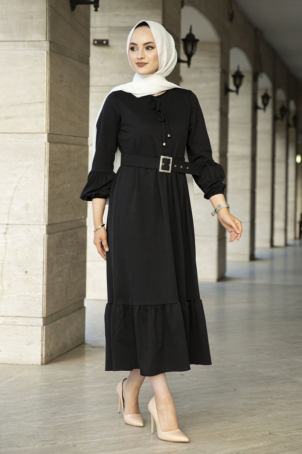 Kemerli Fırfırlı Elbise 100MD10204 Siyah