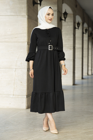 Kemerli Fırfırlı Elbise 100MD10204 Siyah - Thumbnail