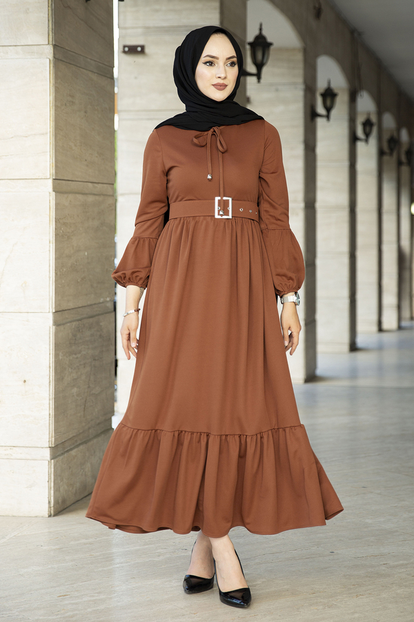 Kemerli Fırfırlı Elbise 100MD10204 Taba