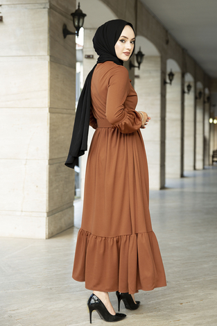 Kemerli Fırfırlı Elbise 100MD10204 Taba - Thumbnail