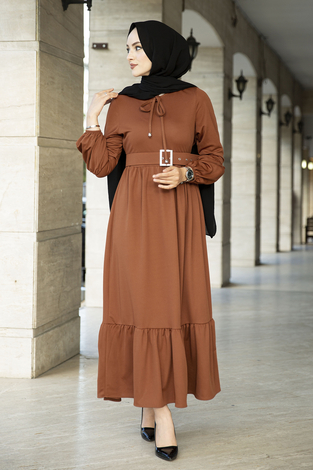 Kemerli Fırfırlı Elbise 100MD10204 Taba - Thumbnail