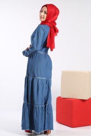 Fırfırlı Kot Elbise 4108-01 - Thumbnail