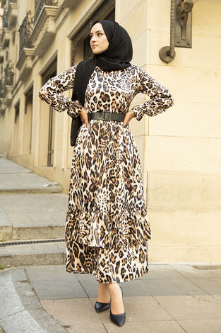 Kemerli Leopar Saten Tesettür Elbise 66601-1 Leopar - Thumbnail