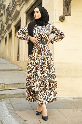 Kemerli Leopar Saten Tesettür Elbise 66601-1 Leopar - Thumbnail