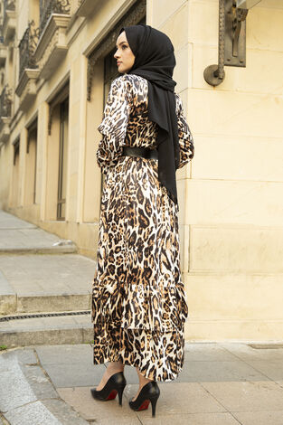 Kemerli Leopar Saten Tesettür Elbise 66601-1 Leopar - Thumbnail