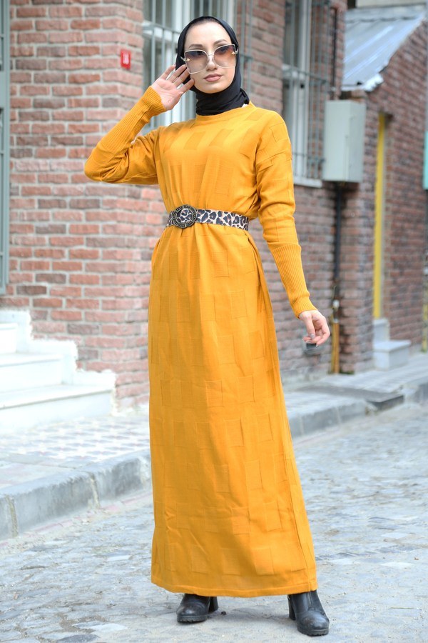 Kemerli Triko Elbise 1010-10 sarı