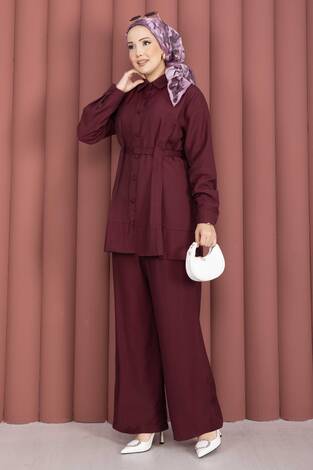 Kemerli Tunik Pantolon İkili Takım Bordo