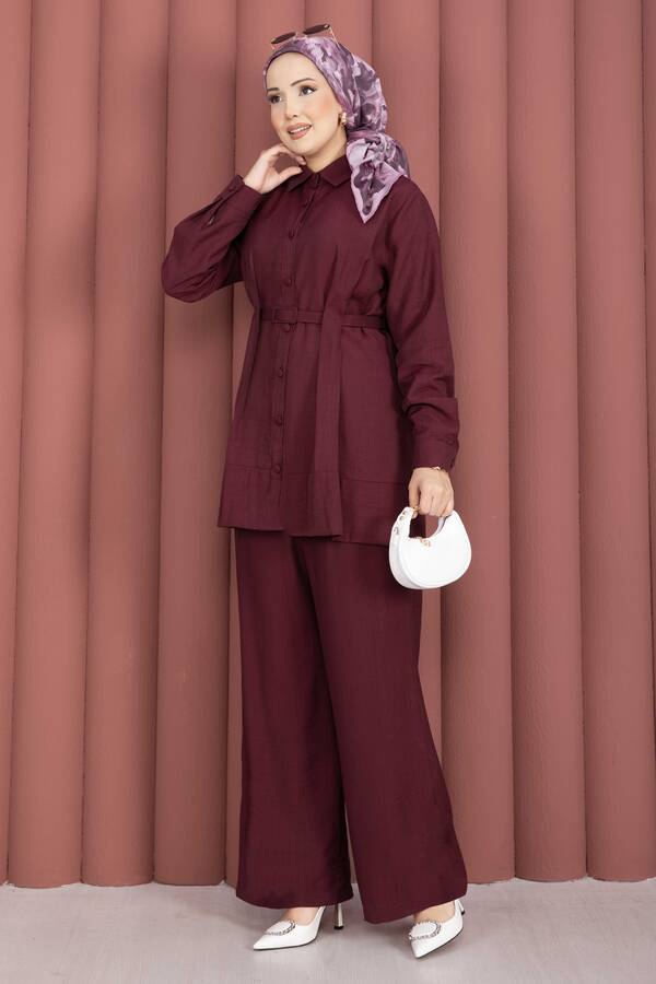 Asm - Kemerli Tunik Pantolon İkili Takım Bordo