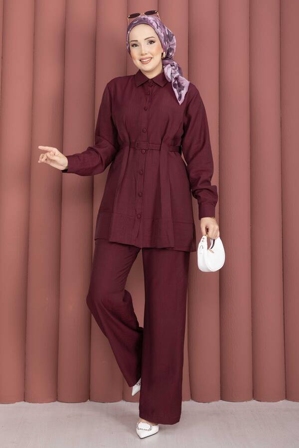Kemerli Tunik Pantolon İkili Takım Bordo - 4