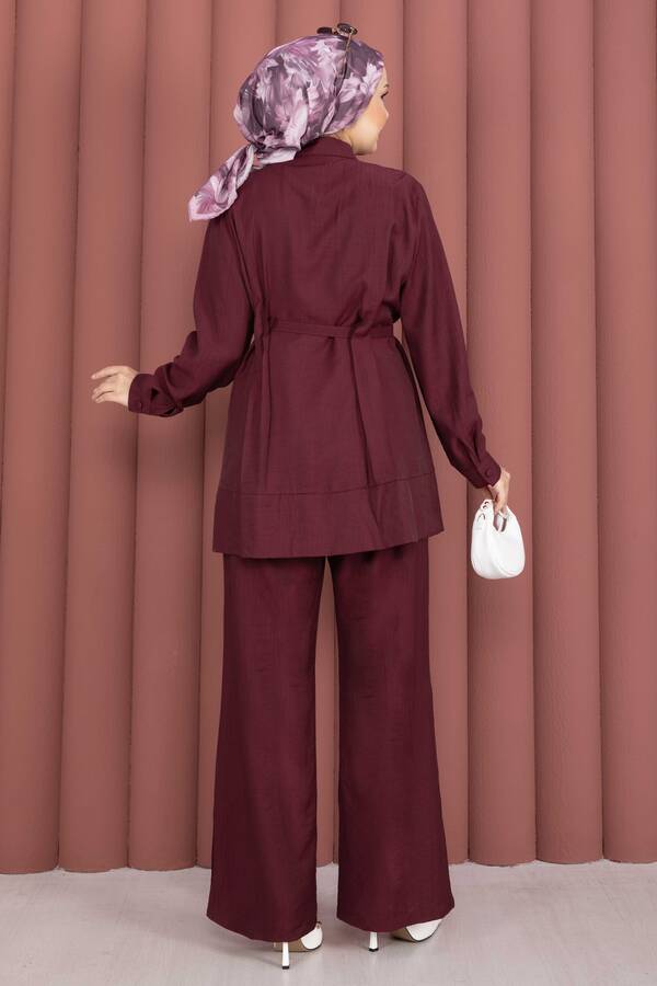 Kemerli Tunik Pantolon İkili Takım Bordo - 5