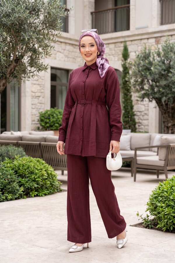 Asm - Kemerli Tunik Pantolon İkili Takım Bordo