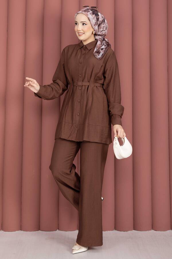 Kemerli Tunik Pantolon İkili Takım Kahve - 4