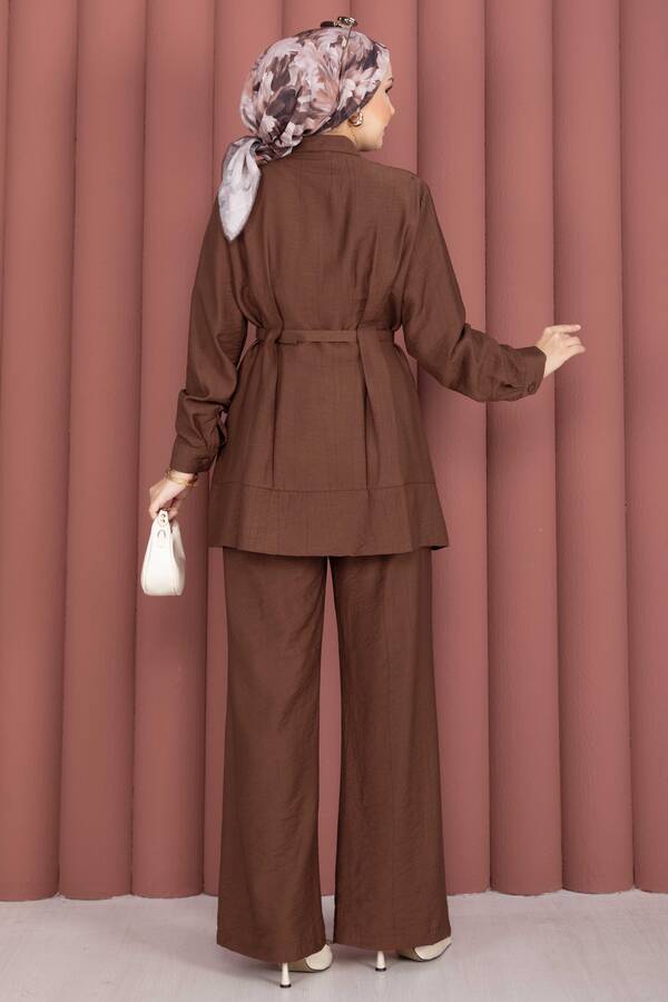 Kemerli Tunik Pantolon İkili Takım Kahve - 5