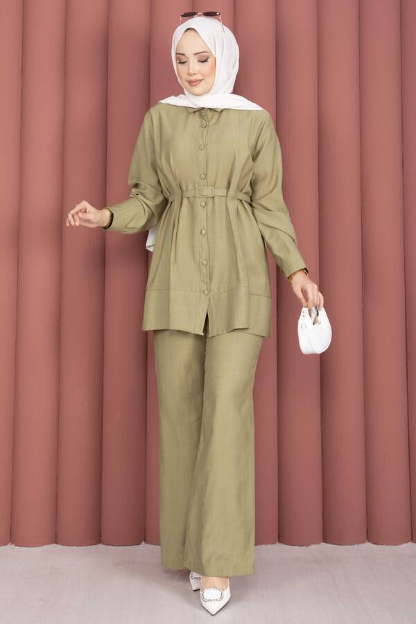 Kemerli Tunik Pantolon İkili Takım Yeşil Olive - 4