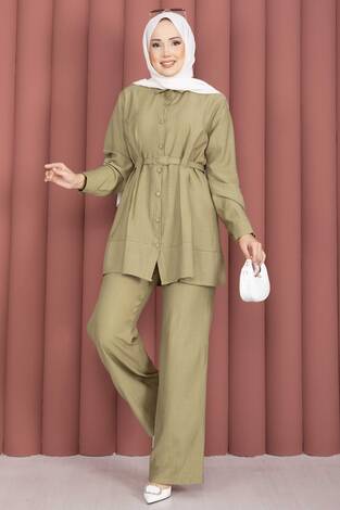 Kemerli Tunik Pantolon İkili Takım Yeşil Olive