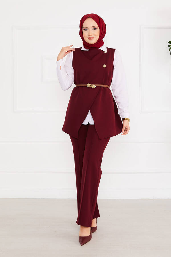 Kemerli Yelekli Tesettür İkili Takım Bordo - 3