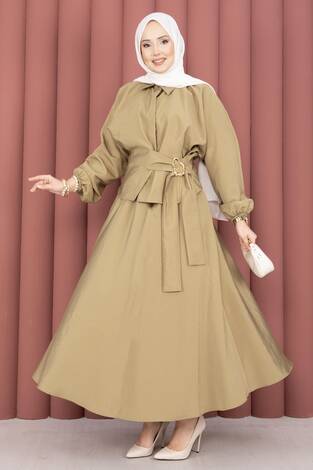 Kendinden Kuşaklı Toka Detaylı Etekli İkili Takım Camel - Thumbnail