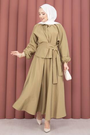 Kendinden Kuşaklı Toka Detaylı Etekli İkili Takım Camel - Thumbnail