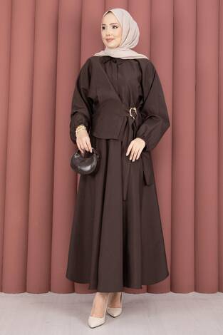 Kendinden Kuşaklı Toka Detaylı Etekli İkili Takım Kahve - Thumbnail
