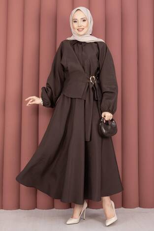 Kendinden Kuşaklı Toka Detaylı Etekli İkili Takım Kahve - Thumbnail