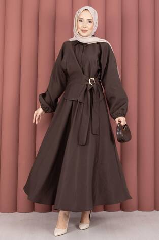 Kendinden Kuşaklı Toka Detaylı Etekli İkili Takım Kahve - Thumbnail