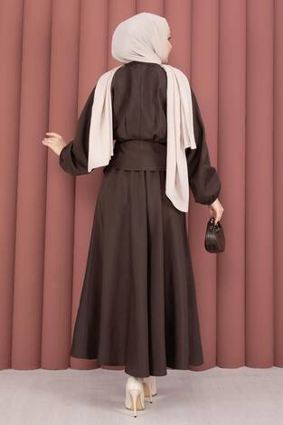 Kendinden Kuşaklı Toka Detaylı Etekli İkili Takım Kahve - Thumbnail