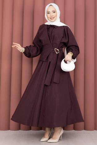 Kendinden Kuşaklı Toka Detaylı Etekli İkili Takım Mürdüm - Thumbnail