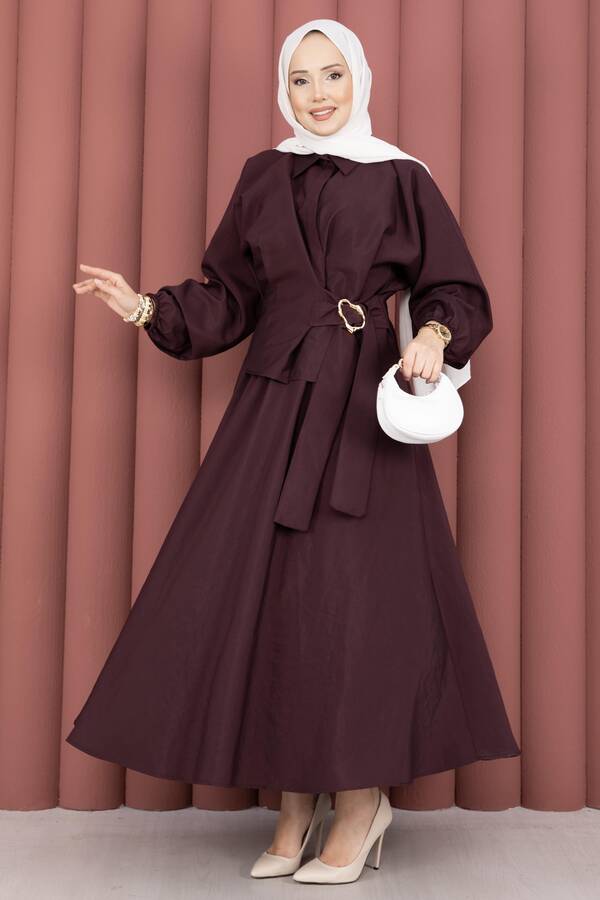 Htn - Kendinden Kuşaklı Toka Detaylı Etekli İkili Takım Mürdüm