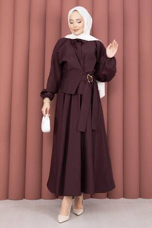 Kendinden Kuşaklı Toka Detaylı Etekli İkili Takım Mürdüm - Thumbnail