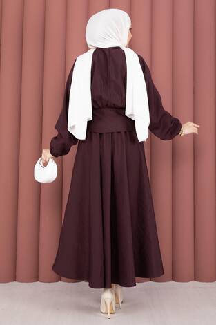 Kendinden Kuşaklı Toka Detaylı Etekli İkili Takım Mürdüm - Thumbnail