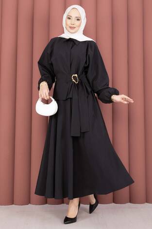 Kendinden Kuşaklı Toka Detaylı Etekli İkili Takım Siyah - Thumbnail