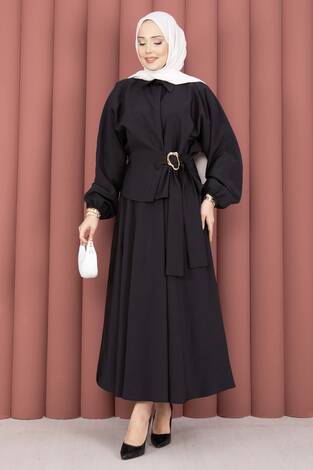Kendinden Kuşaklı Toka Detaylı Etekli İkili Takım Siyah - Thumbnail