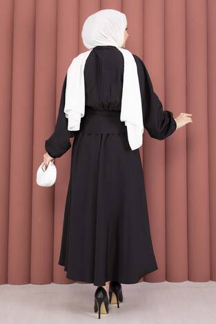 Kendinden Kuşaklı Toka Detaylı Etekli İkili Takım Siyah - Thumbnail